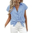 thumbnail image 3 of PRETTYGARDEN Womens Button Down Shirts V Neck Short Cap Sleeve Collared Plaid Tops Summer Spring Casual Blouses Clothes, 3 of 8