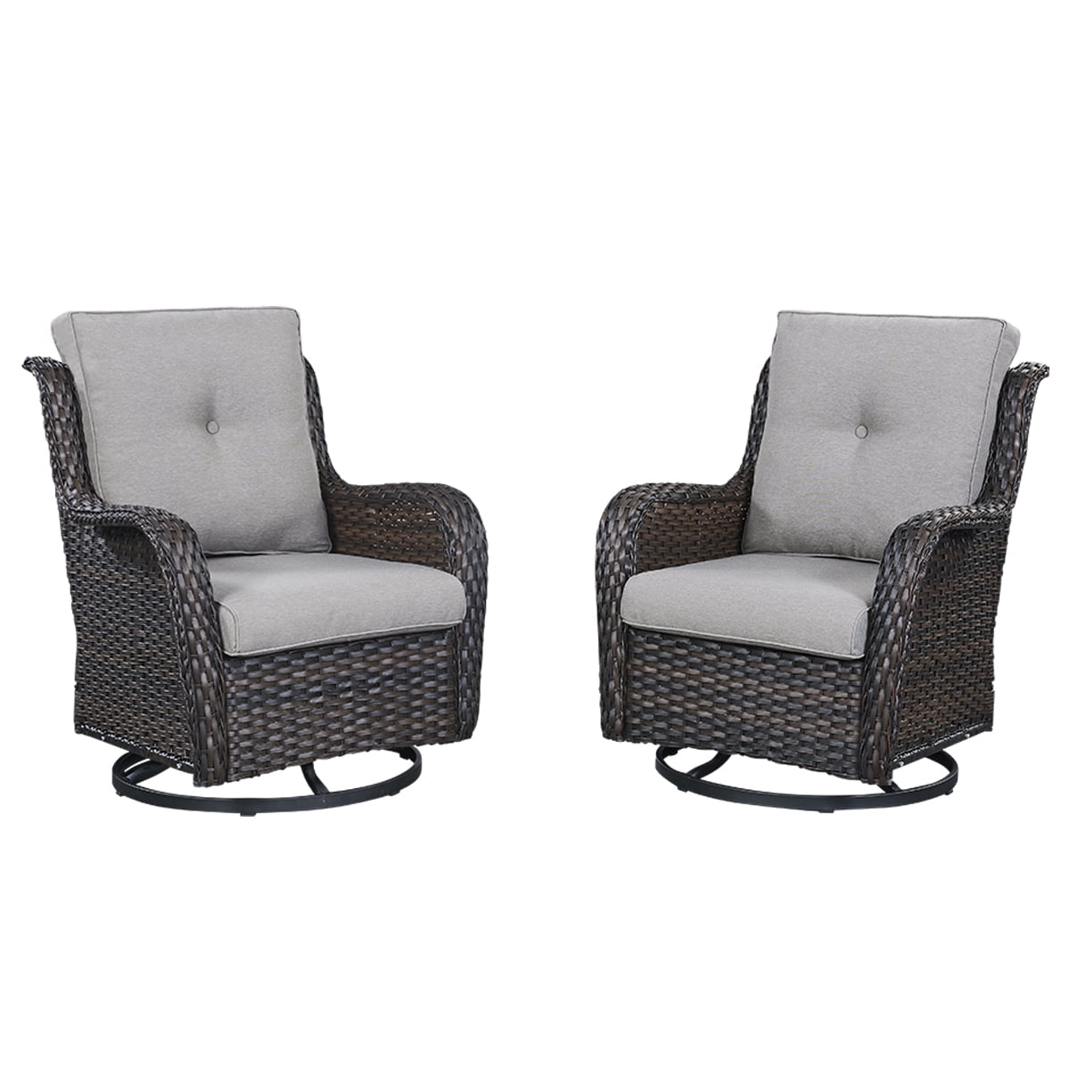 PARKWELL 2 Pieces Wicker Patio Swivel Rocking Chairs PE Rattan, Brown Wicker and Gray Cushion