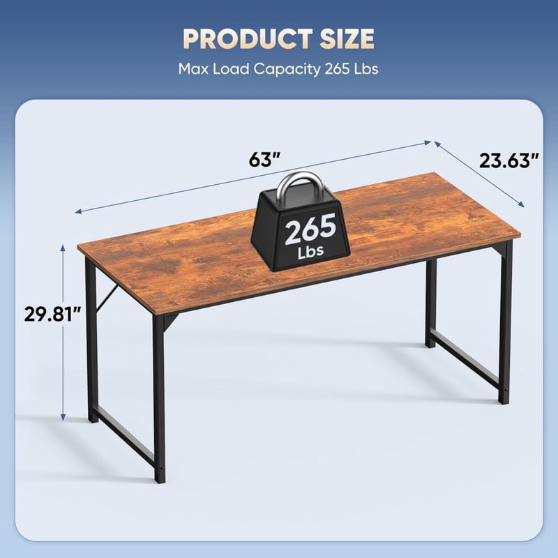 Kelno 63" Computer Desk Gaming Table Home Office Writing Study Workstation with Sturdy Metal Frame, Rustic Brown
