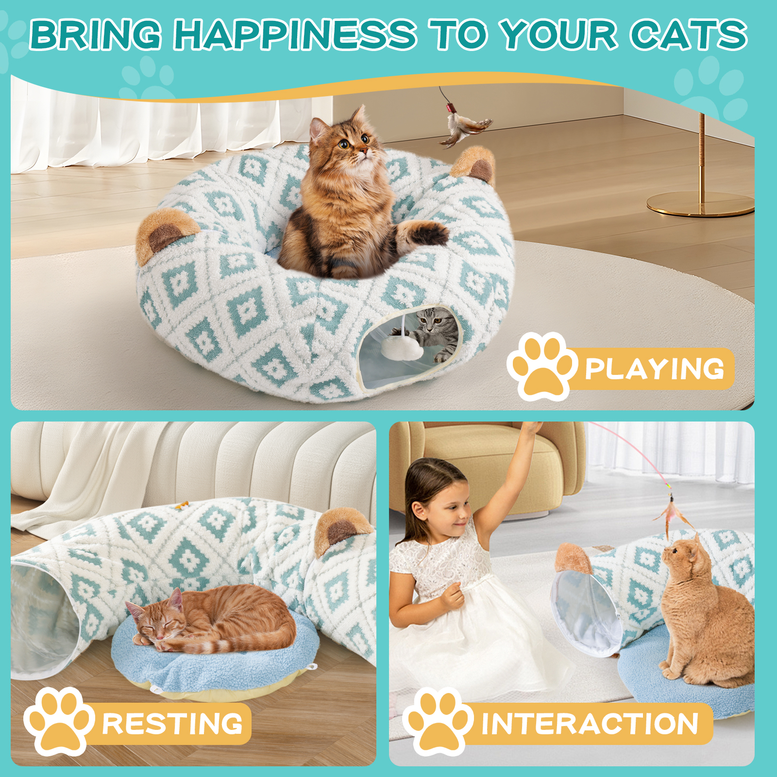 Cat Tunnel Bed with Soft Cushion, Cat Donut Tunnels for Indoor Cats, Peekaboo Cat Cave Toy, Multifunctional Playground Toys for Kittens, Rabbit, Blue Jacquard Pattern