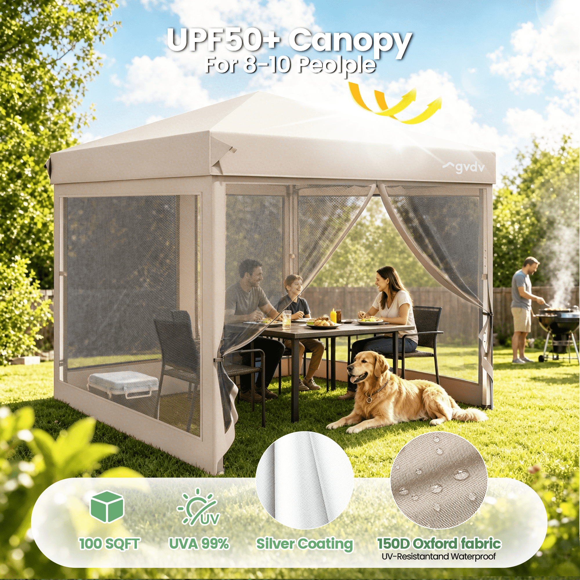 GVDV 10'x10' Pop-Up Canopy Tent, Adjustable Height, Mesh Netting