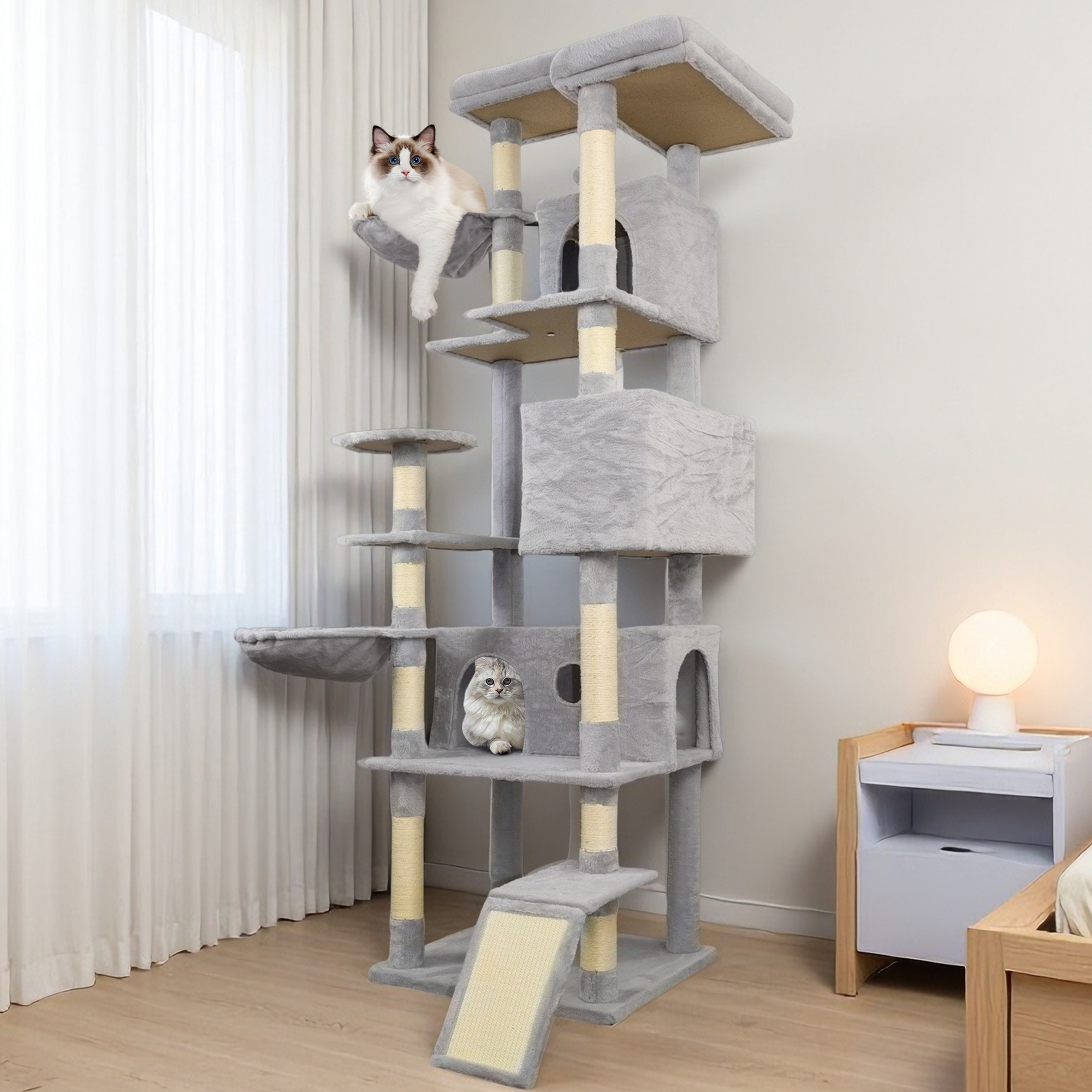 Jopath 84.6 in Light Gray Cat Tree Tower with Wide Base, 3 Large Hinding Condo, 11 Sisal Scratching Post,2 Hammocks, Large Top Platform, Many landing Perch and Interactive toy