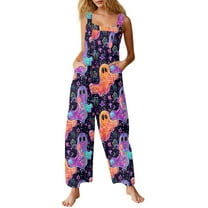 WTOBBY Women's Sleeveless Cotton Romper with Halloween Print, Casual Overalls Featuring Adjustable Straps, Pockets, Comfy Fit for Summer, Cute and Stylish,PurpleXL