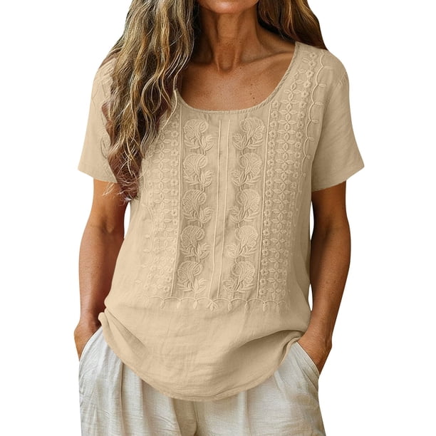 Craaazy Women Casual Loose Fit Blouse, Solid Color Short Sleeve Cotton Linen Top, Comfy Round Neck Embroidered Tunic for Daily Wear Gifts