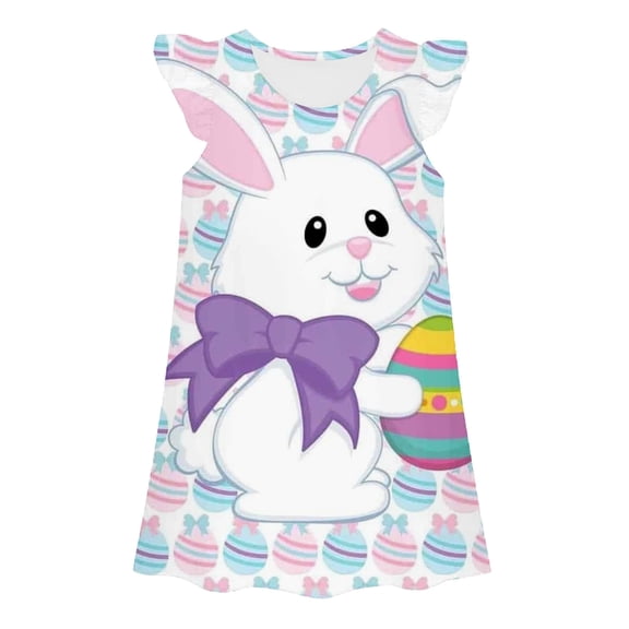 Shadoumai Girls Dresses Size 12 Flutter Sleeve Easter Day Cartoon Printed Fashion Beach Dresses Flower Summer Dresses for Girl