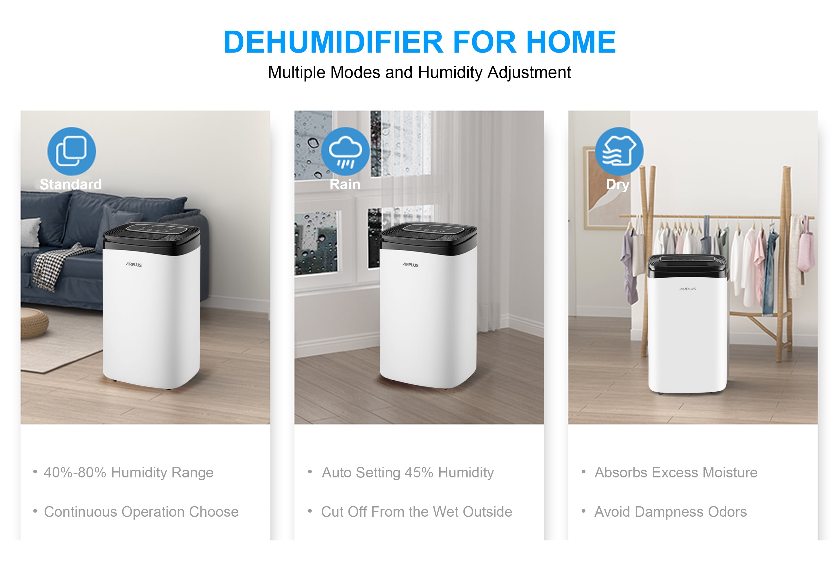 AIRPLUS 30 Pints Dehumidifier with Drain Hose, Covers Up to 2500 Sq. Ft Dehumidifier for Basement Home, DOE 7.54 Pints, White