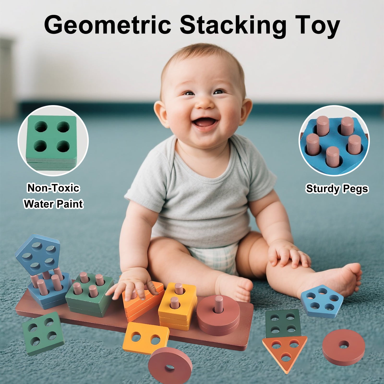 6 in 1 Montessori Baby Toys, Xylophone Musical, Infant Teethers Toys, Wooden Sorting Stacking Learning Toys Birthday Gift for Toddlers 1 2 3