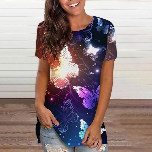 Puntoco - Blusa de manga corta con estampado digital de mariposa y cuello redondo para mujer Puntoco Puntoco-8357