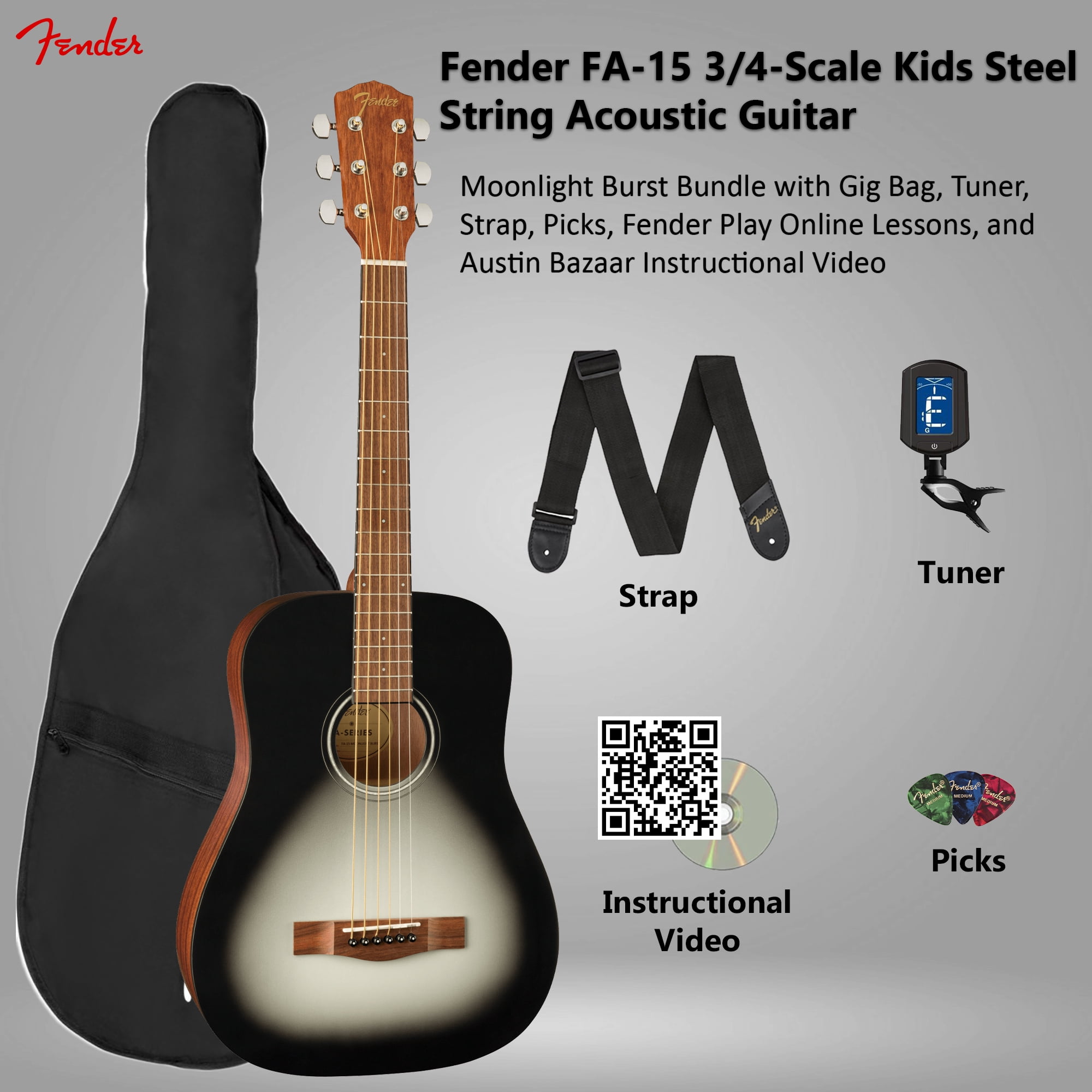Fender FA-15 3/4-Scale Kids Steel String Acoustic Guitar - Moonlight Burst w/ Gig Bag