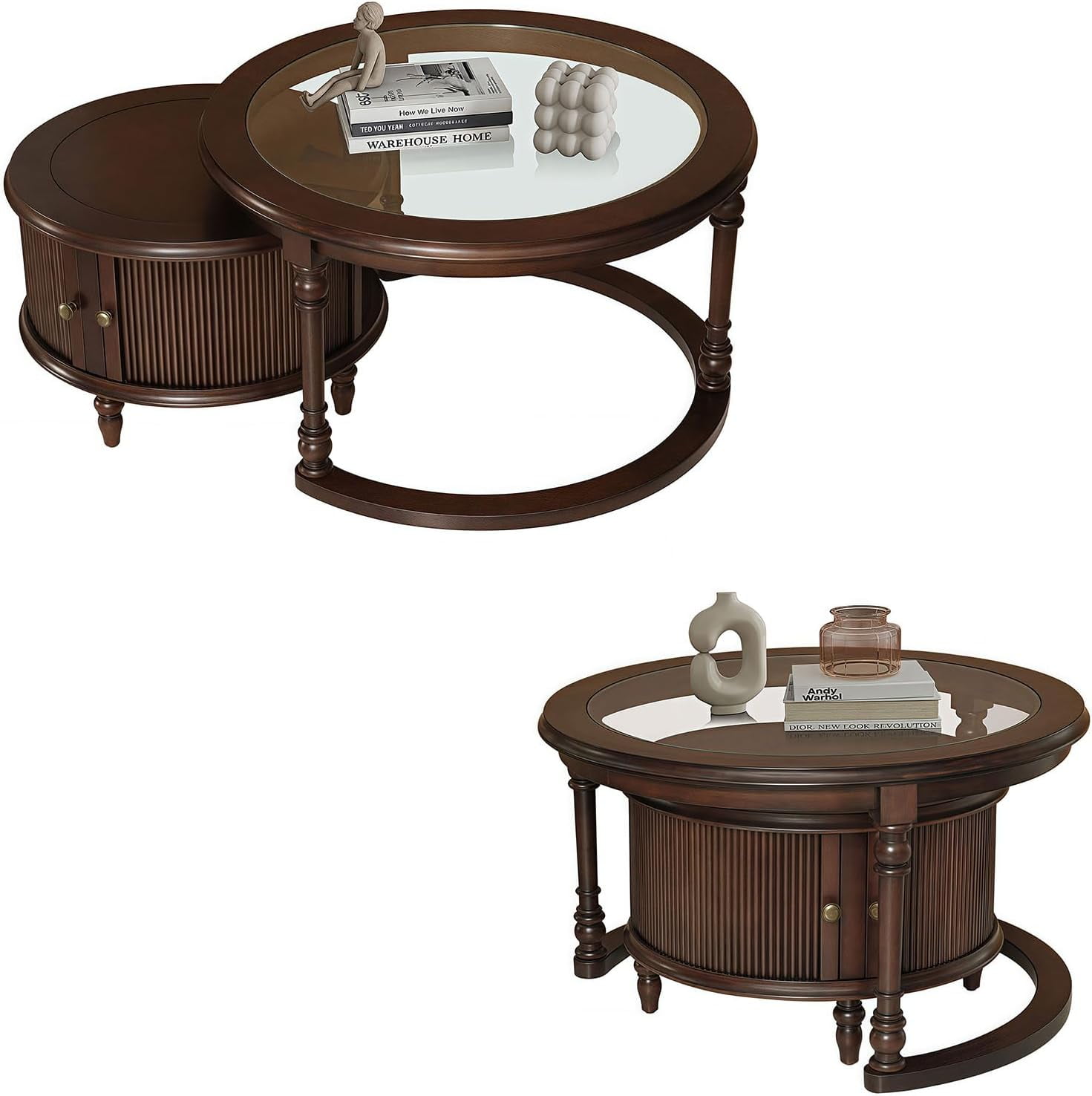 LKTART Nesting Coffee Table for Living Room,Round Tempered Glass Solid Wood Nest Coffee Tables with Storage,Retro Small Accent Center Table