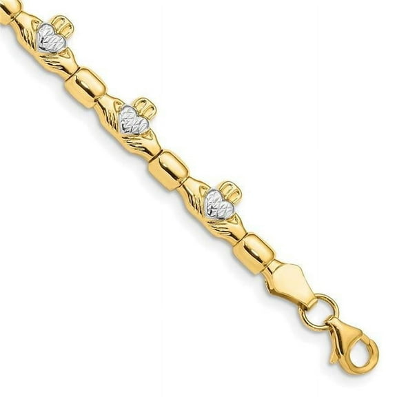 Primal Gold 14 Karat Yellow Gold with White Rhodium Diamond-cut Claddagh Link Bracelet
