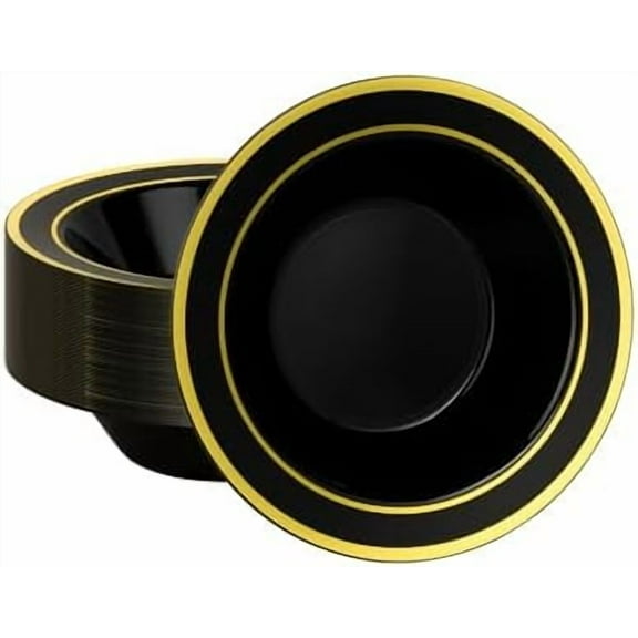 50 Pack Black Disposable Bowls with Gold Rim, 12oz Black Plastic Soup Bowls for Party, Wedding, Holiday,And Halloween