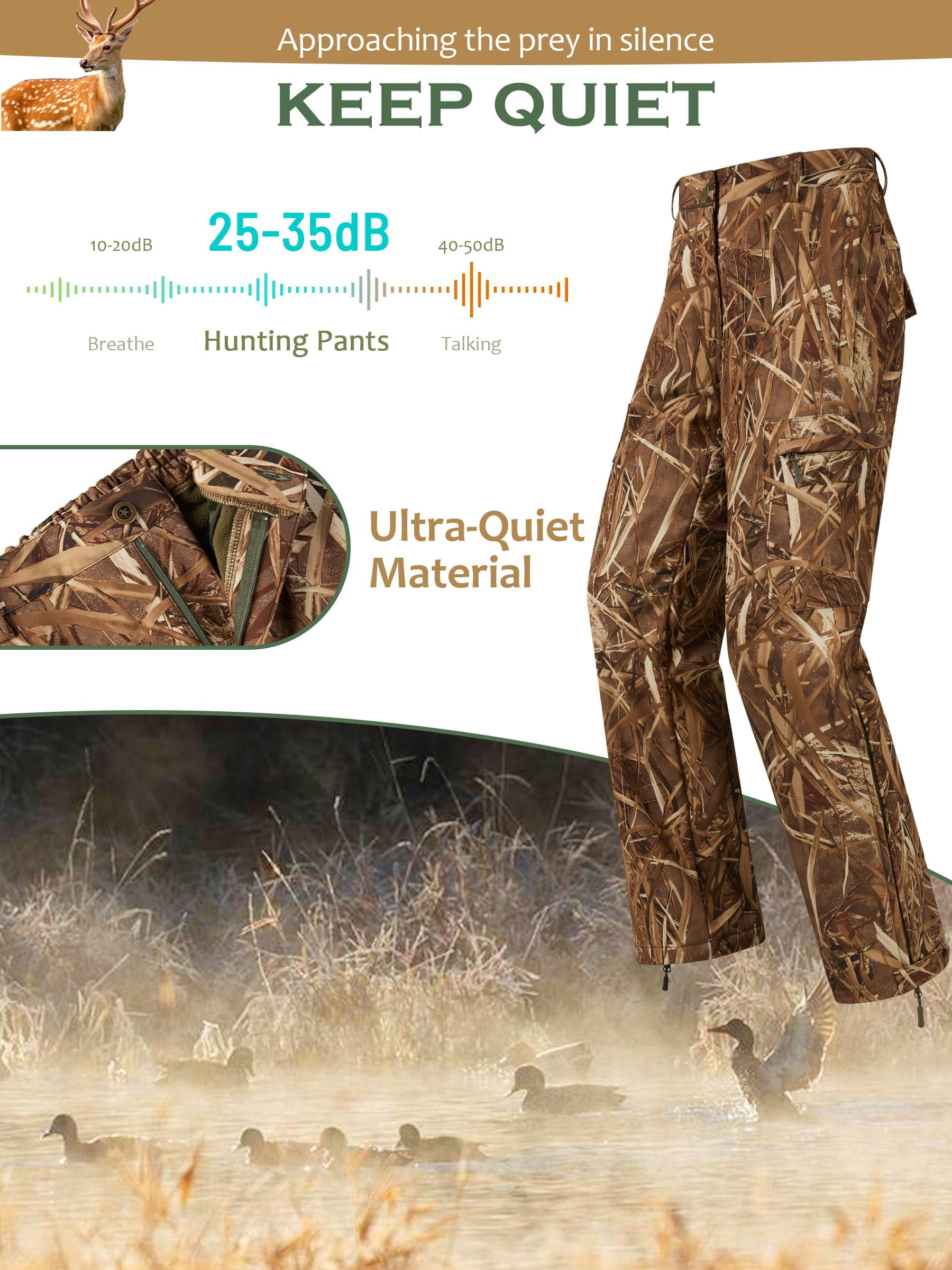 NEW VIEW Silent Camo Hunting Pants for Men Cold Weather, Fleece Lined Insulated Pants, Water-Resistant, Elastic Waist (Reeds Camo, L)