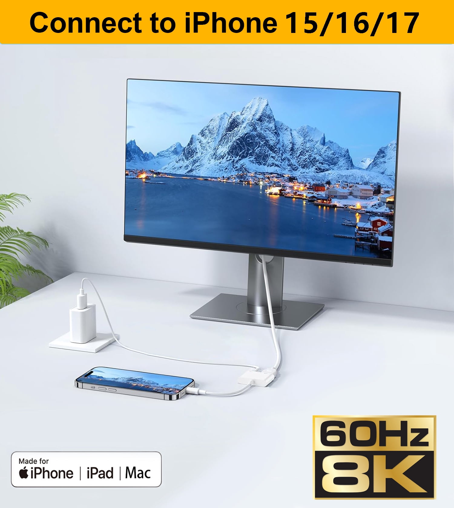 Apple USB-C to HDMI Adapter 8K@60Hz for iPhone 15 16 17 MacBook Pro Air iPad Pro, MFi Certified USB 3.1 Type C Digital AV HDMI 2.1 Cord Compatible with Samsung Galaxy S26/S25/S24/S23 and More