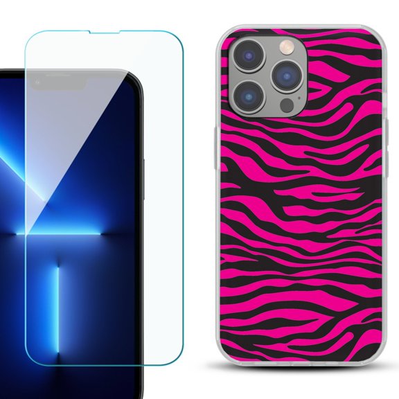 Slim-Fit Gel TPU Phone Case for iPhone 14 Pro Max, with Tempered Glass Screen Protector, by OneToughShield ® - Zebra Pink
