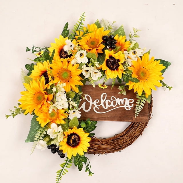 40cm-colores de otoño girasol decorativo placa de puerta de girasol de madera corona de fiesta de abeja
