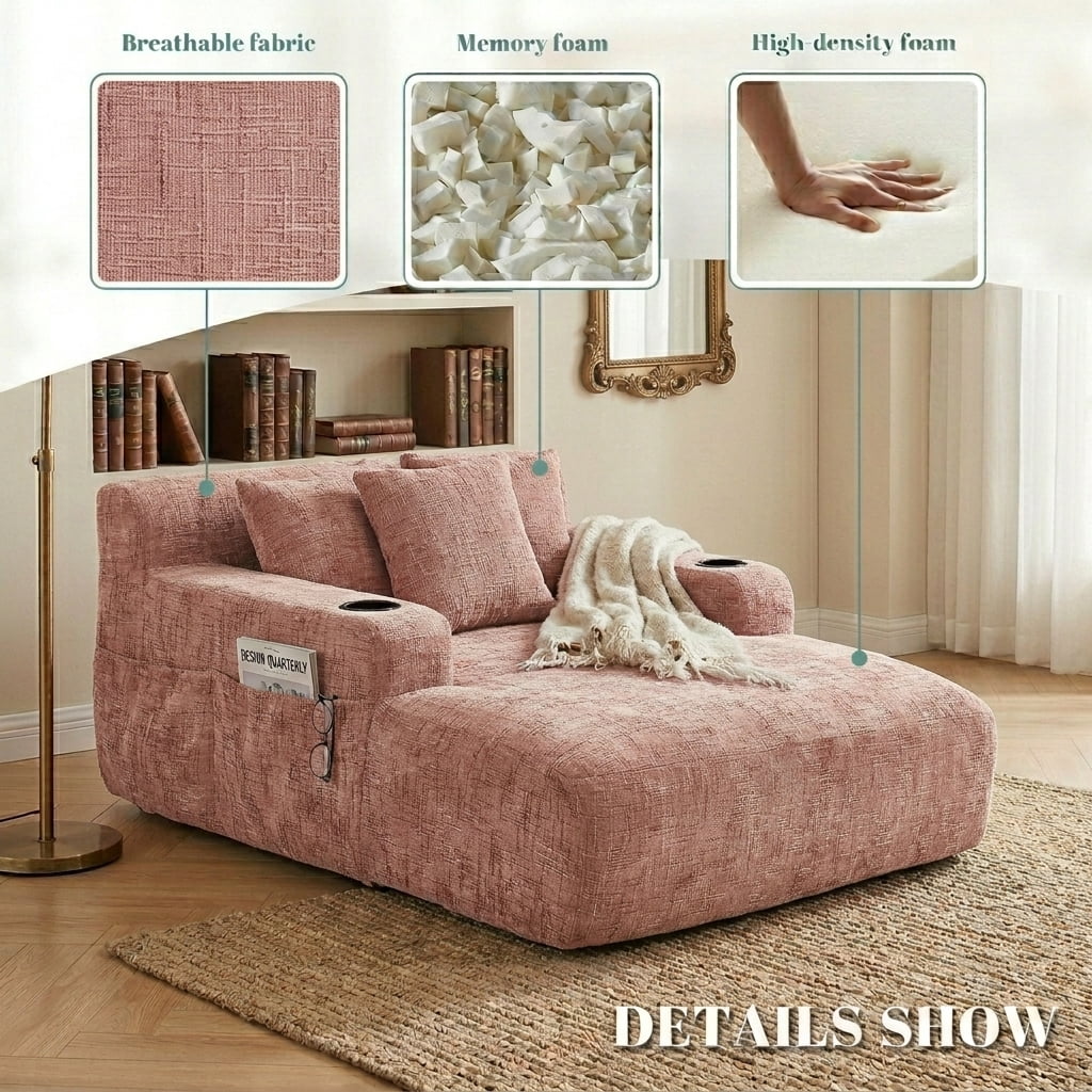 MOONMISS Chenille Chaise Lounge Chair Indoor, Single Sleeper Sofa Chair with Pillows & Cup Holders, Comfy Compression Sofa Bed for Living Room, Bedroom