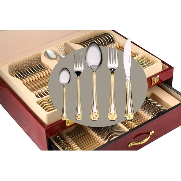 Gold Flatware Serving Set, "Greek Medusa" 75-Piece Dining Service for 12 , 18/10 Premium Surgical Stainless Steel, 24K Gold-Plated Trim, Silverware Cutlery Hostess Set, Wood Storage Case (Greek)