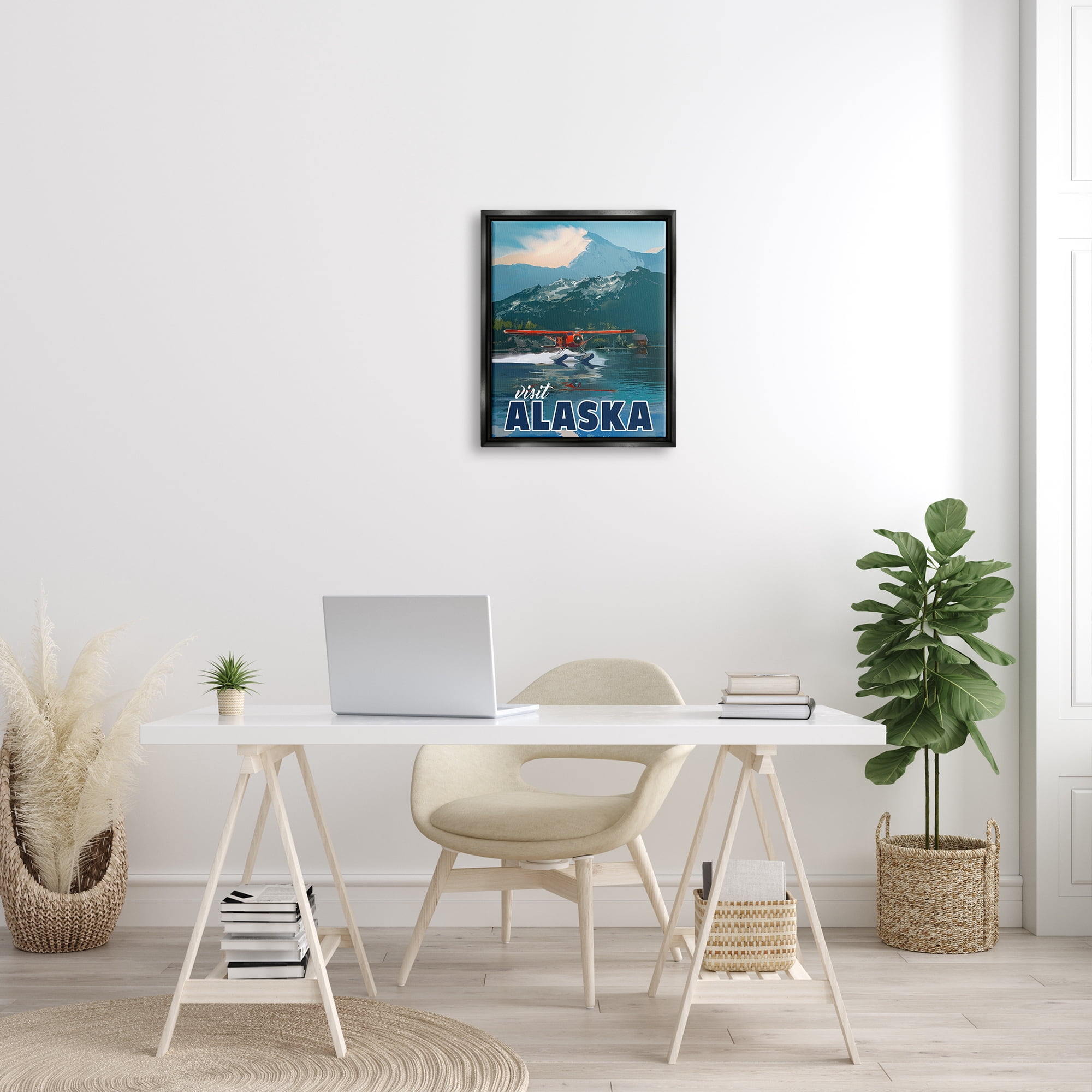 Stupell Industries Visit Alaska Seaplane Landing Snowy Mountain Scenery Graphic Art Jet Black Floating Framed Canvas Print Wall Art, Design by David Owens Illustration
