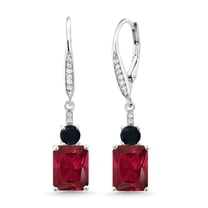Gem Stone King 925 Sterling Silver Red Created Ruby Black Onyx and White Topaz Dangle Earrings for Women (6.26 Cttw, Gemstone July Birthstone, Emerald Cut 9X7MM)