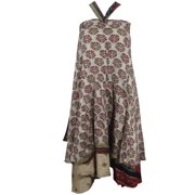 Mogul Women Magic Wrap Around Skirt Reversible Beige Printed Silk Sari Two Layer Skirts