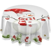 SKYSONIC 60" Snowman Christmas Round Tablecloth Fir Tree Branch Table Cloth Cover Mat Washable Polyester Dining Decorative for Holiday Home Picnic Party Wedding