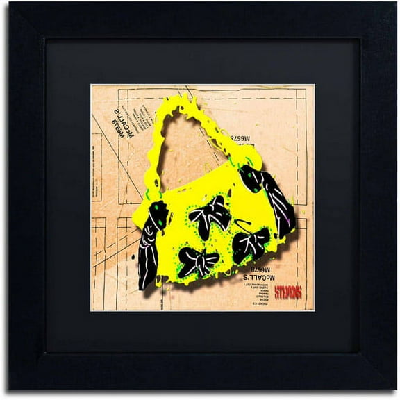 Trademark Fine Art "Bow Purse Black on Yellow" Canvas Art by Roderick Stevens, Black Matte, Black Frame