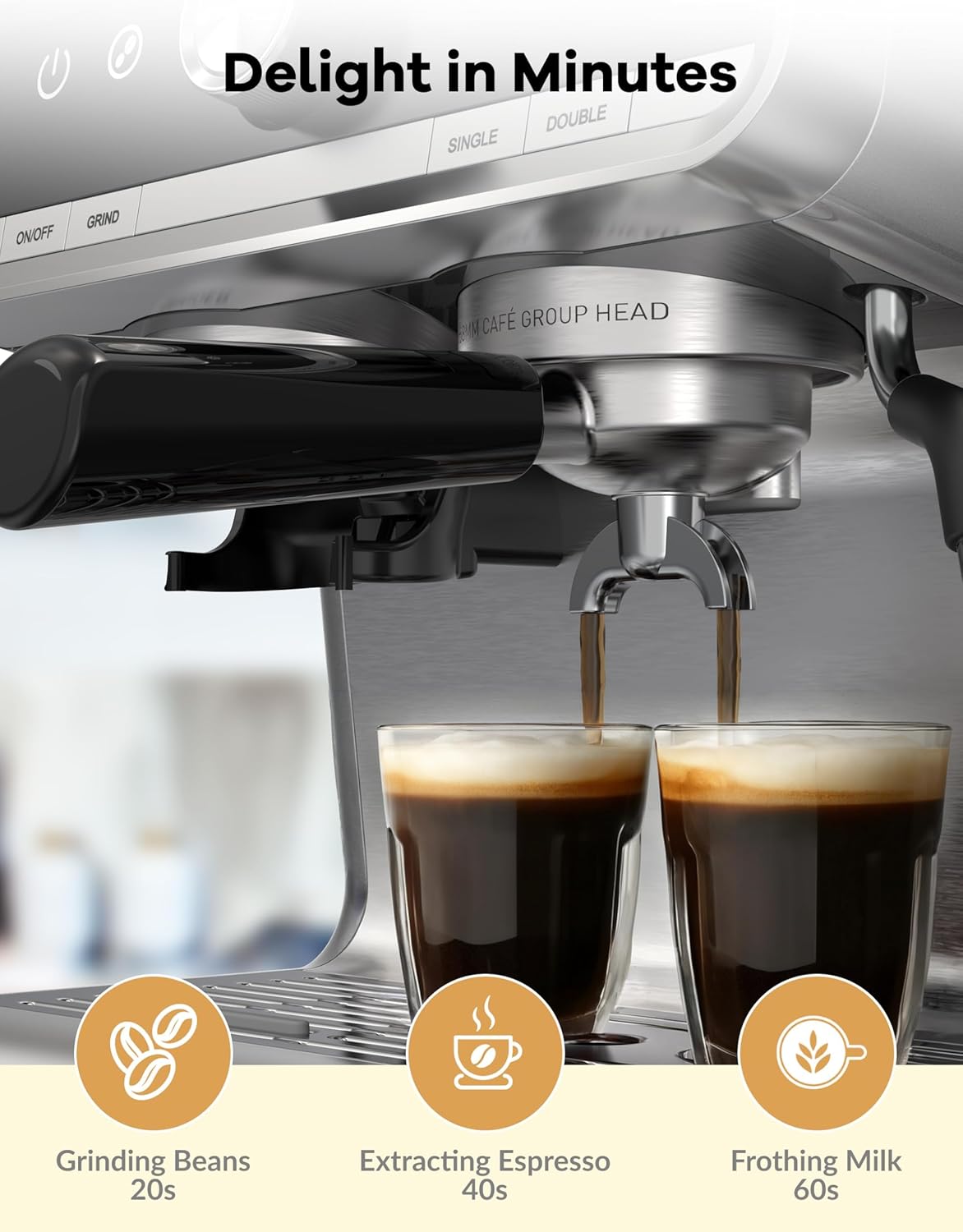 Espresso Machine with Grinder and Milk Frother Steam Wand, 20 Bar Coffee Maker with 95oz Water Tank, Professional 3 In 1 Espresso Maker for Cappuccino and Latte (1450w) - Light Gray