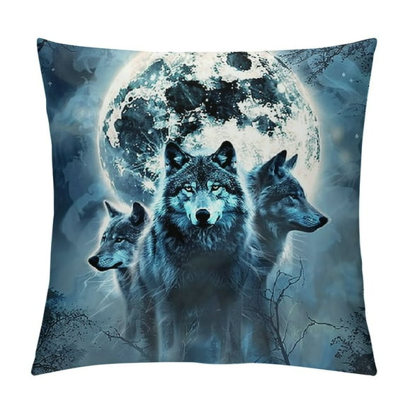 Autua Wolfs Full Moon Trees Graphic Decorative Cushion Throw Pillow Cover for Home Couch Living Room Bed Sofa Pillow Case All Year Round Suitable Throw Pillow Cover 1PC 12x12in