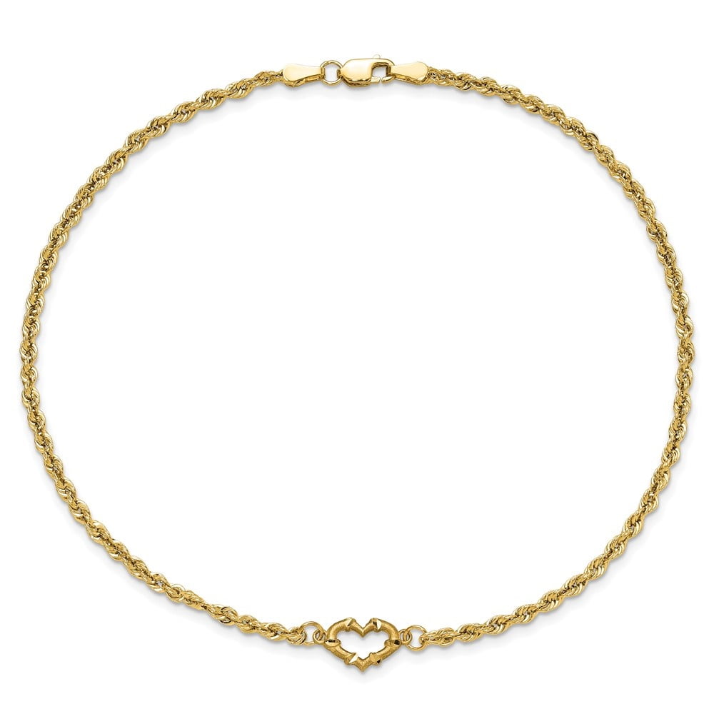 14K Yellow Gold Diamond-Cut Open Heart Rope Chain Anklet Valentine Day Gift for Women 9"