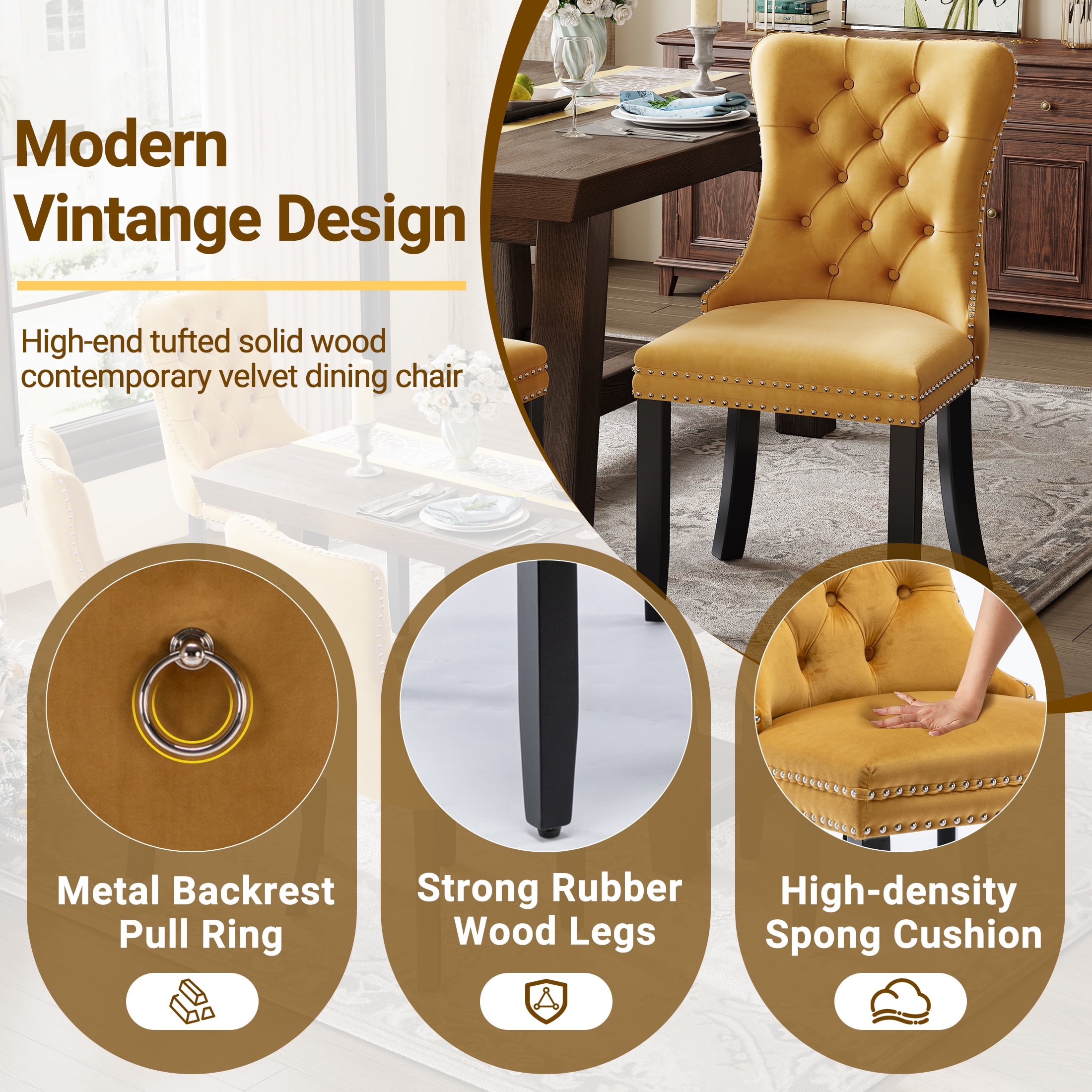 Paproos Dining Chairs Set of 2, Upholstered High-End Tufted Dining Room Chair with Back Ring and Nailhead Trim, Modern Velvet Kitchen Chairs with Solid Wood Legs for Kitchen, Home,Gold