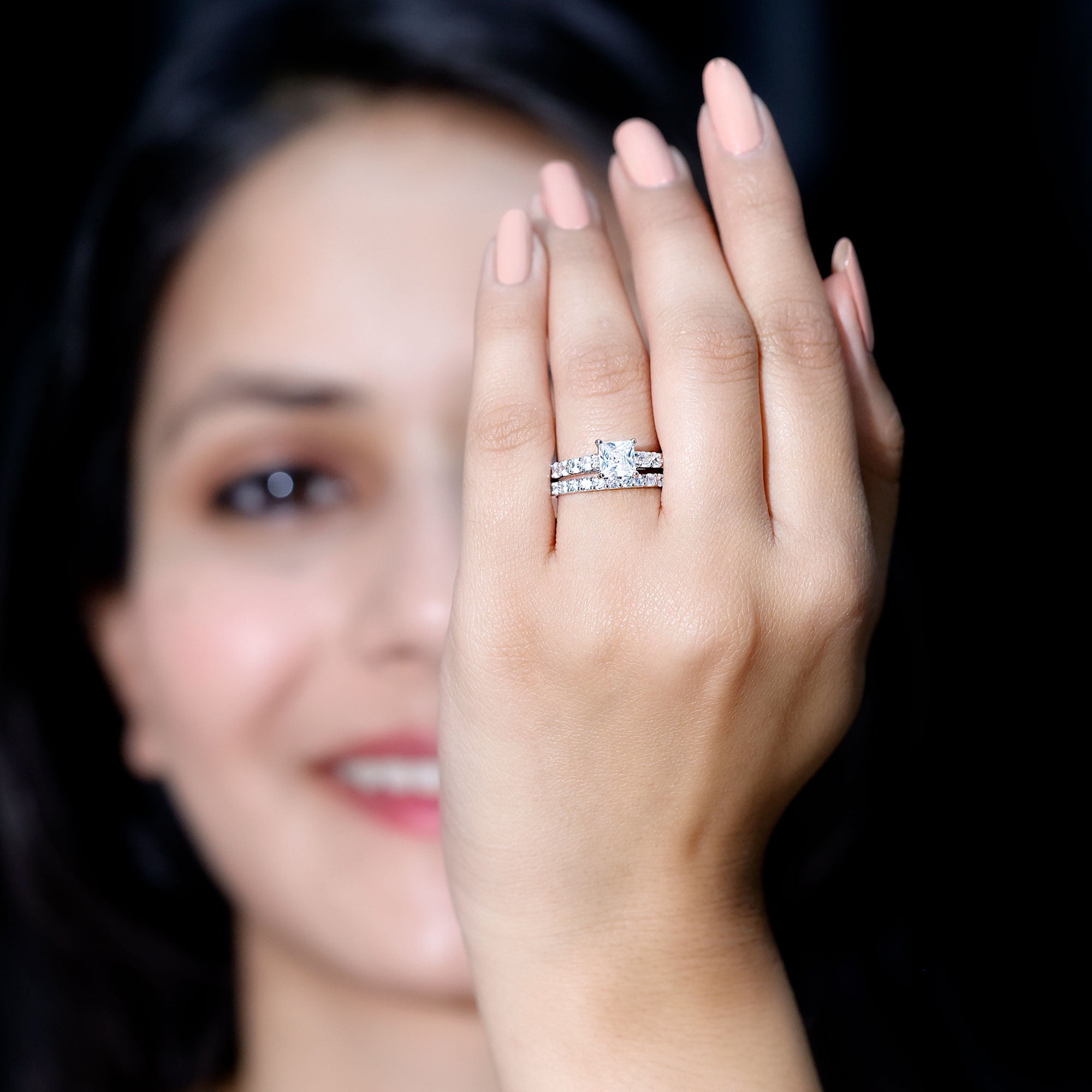 Rosec Jewels Cubic Zirconia Wedding Ring Set for Bride - 1 Carat Princess Cut Engagement Ring with Enhancer - Jewelry Box Included, 10K White Gold, US 13.00