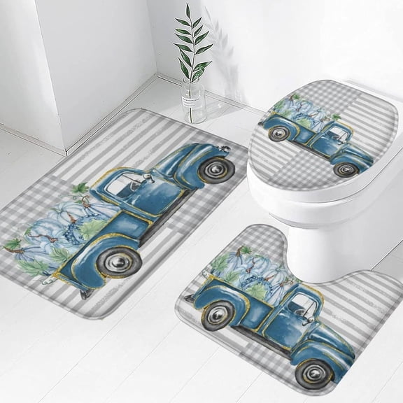 3 Piece Fall Decor Bath Rug Sets Blue Truck with Pumpkin Autumn Leaf Bath Mat Soft Non Slip Water Absorbent U-Shaped Contour Toilet Mat Grey Buffalo Stripe Toilet Lid Cover