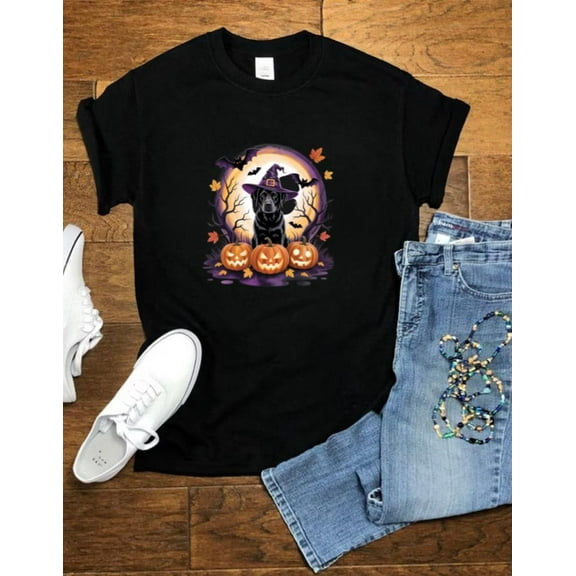 Halloween Black Labrador Witch Hat Bats Pumpkins Dog Owner Gift Unisex T-Shirt, up to size 5XL