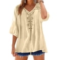 thumbnail image 3 of Summer Linen Blouses for Women 2026 Trendy V Neck Boho Embroidered Tops Half Sleeve Vacation Dressy Casual Shirts Peasant Tees Spring Trendy Womens Tops Beige L, 3 of 5