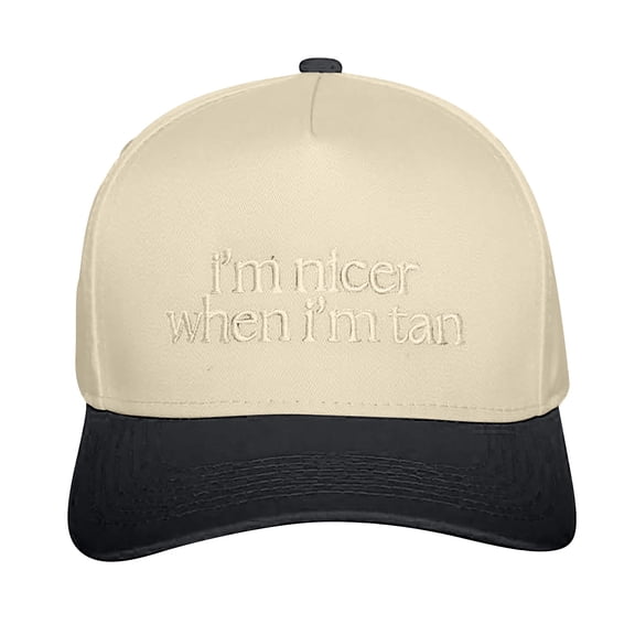 Women's Two Toned Embroidered Trucker Hat, "I’m Nicer When I’m Tan" Baseball Cap with Breathable Cotton, Vintage Adjustable Snapback Sun Hat for Outdoor Casual Daily Wear Beige