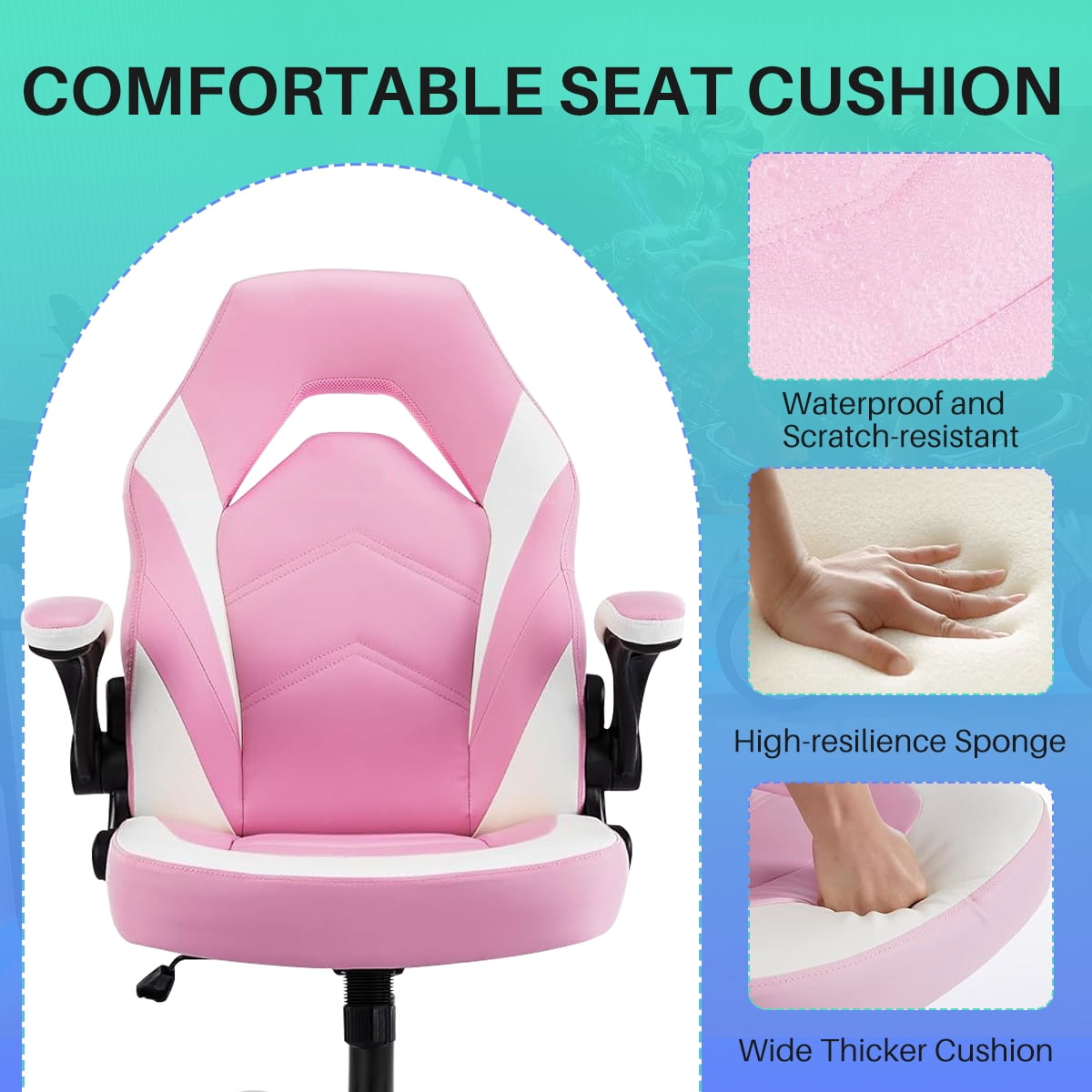 Bigleap Gaming Chair, Ergonomic Office Leather Racing Chair with Flip-up Armrest, White Pink