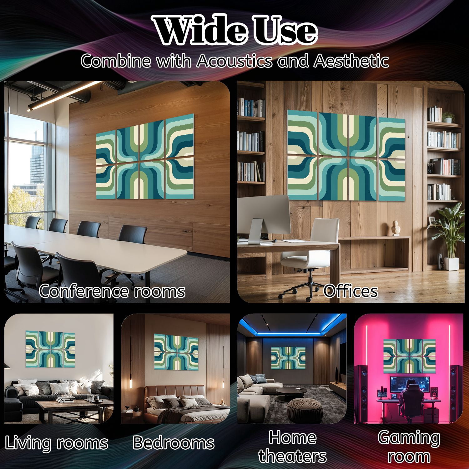 8 Pack Art Acoustic Panels Sound Absorbing Mid Century Decorative Soundproof Wall Panels Self Adhesive for Nursery Game Room Bedroom 48"x32"