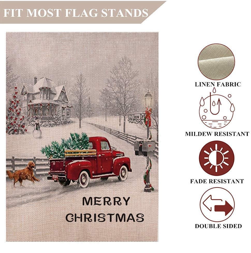28 x 40-Inch Toland Home Garden 1012262 Red Truck Holidays House Flag Multi Winter Christmas Woodgrain