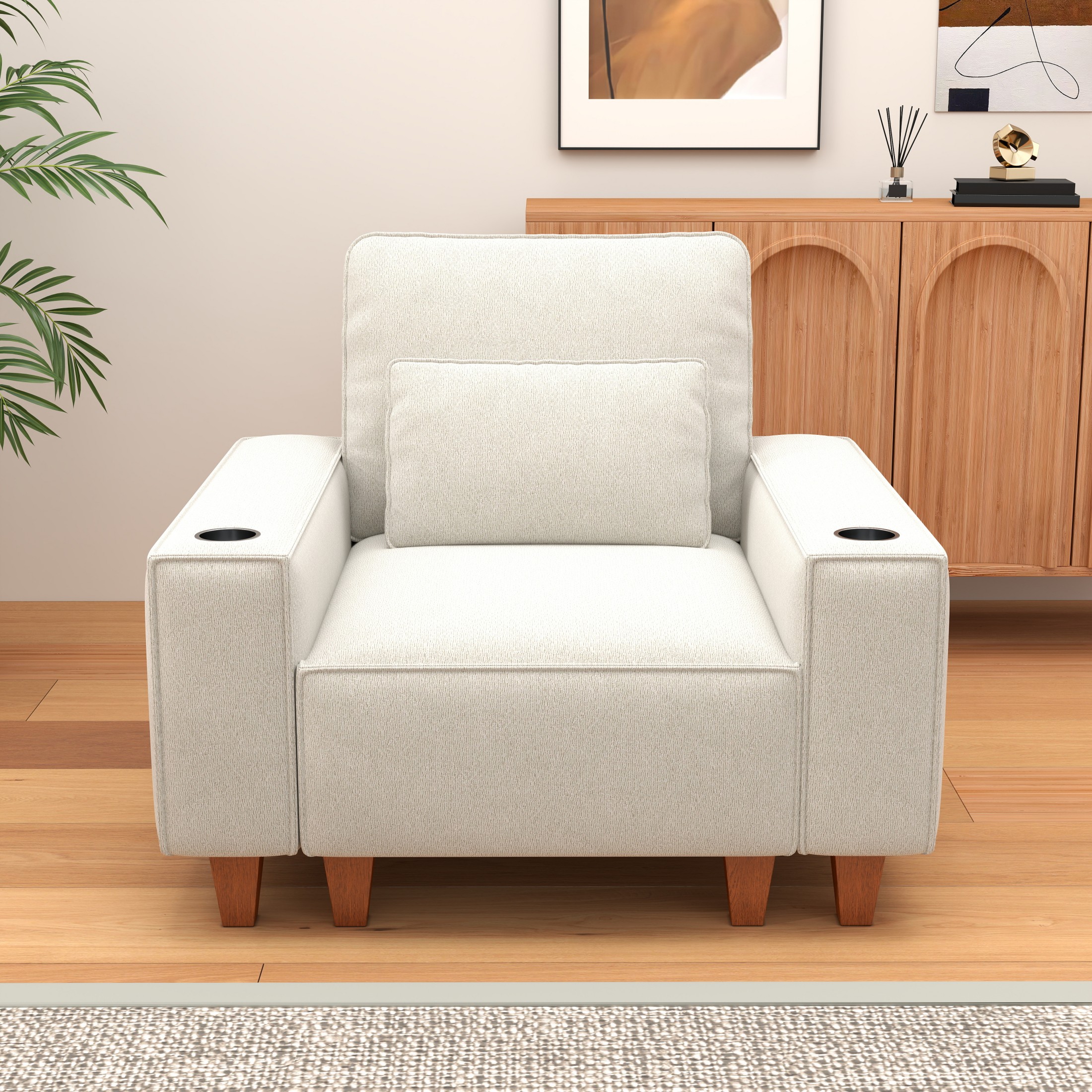 BSHTI Chenille Deep Seat Single Sofa Chair with Brushed Stainless Steel Cup Holder and Decorative Pillow – Modern Cozy Accent Chair for Living Room