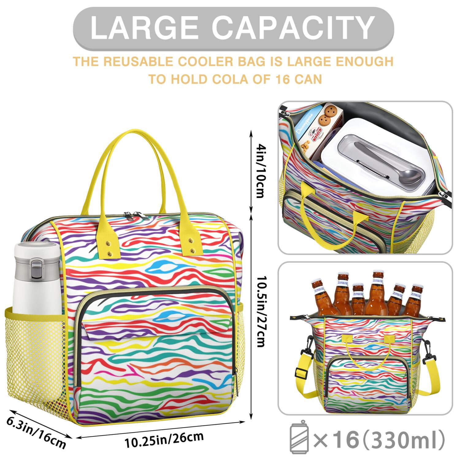 Large Insulated Tote Bag with Zebra Print - Leakproof Cooler Bag for Lunch, Travel & Picnic, Multi-Pocket Waterproof Thermal Tote for Office, Outdoor, Gym, School - Modern Zebra Stripes Design