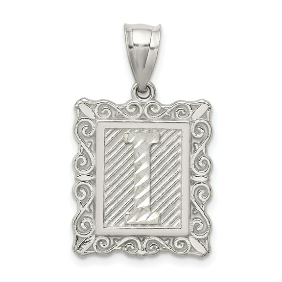 Sterling Silver Initial I Pendant Necklace for Women or Unisex with Textured Rectangle Frame, Ornate Scroll Design, Monogram Alphabet Jewelry Symbolizing Identity and Style