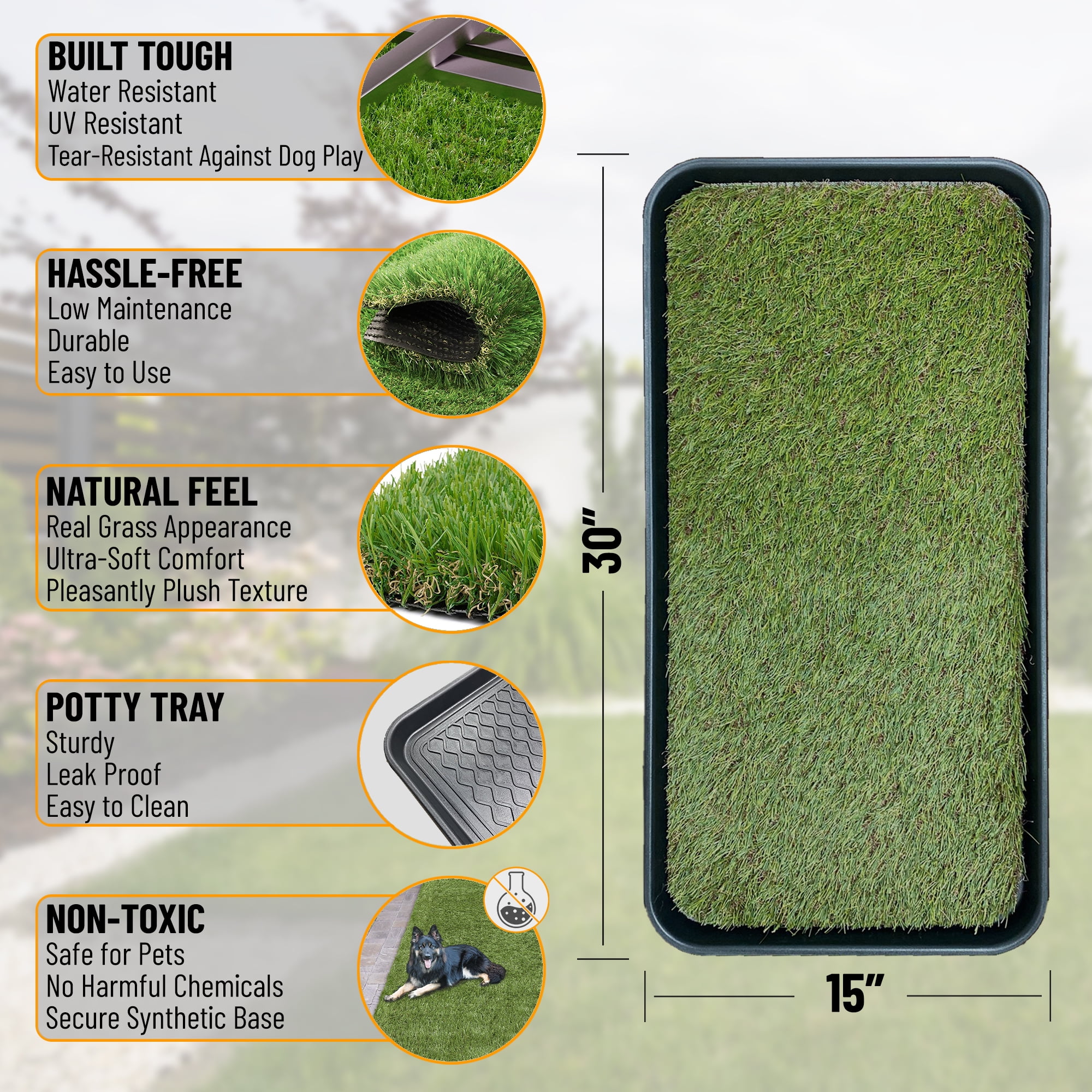 Ottomanson Dog Grass Pad with Tray, Reusable Artificial Grass Puppy Pee Pad for Pet Potty Training, 15" x 30"