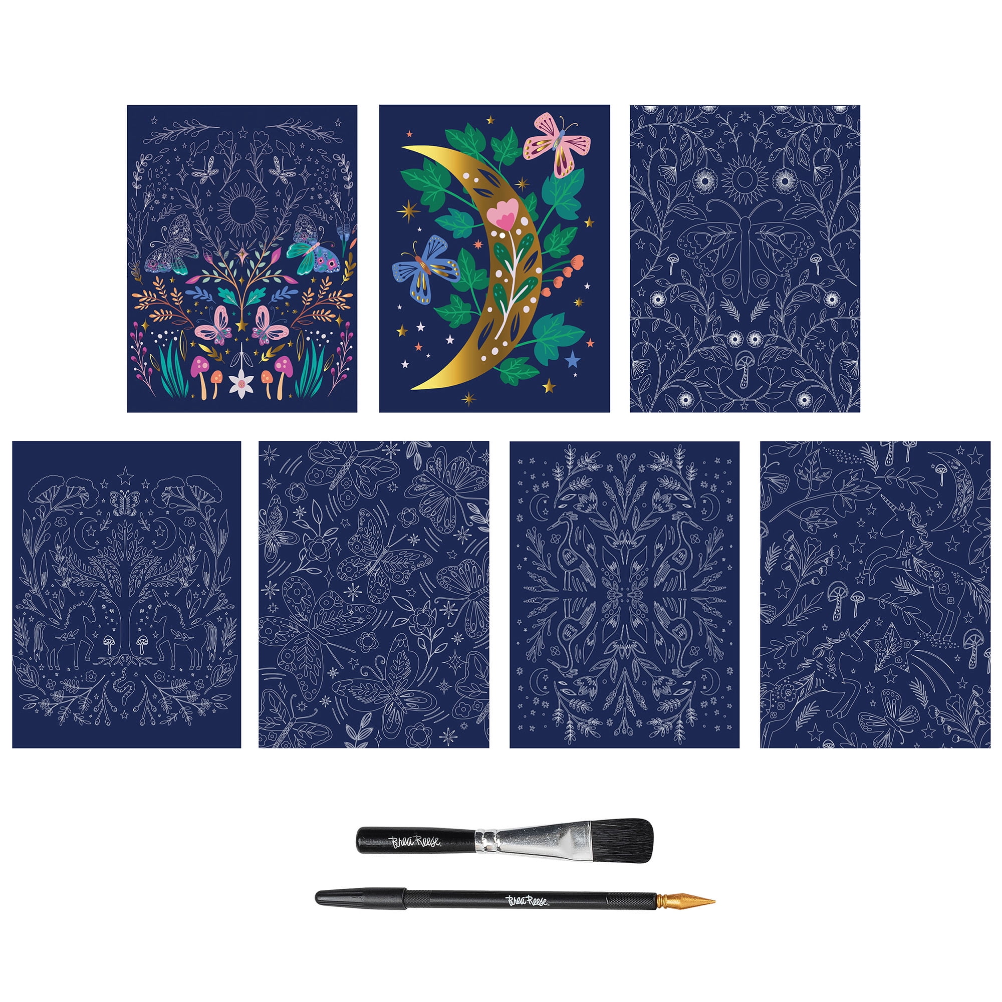 Brea Reese: Scratch Art Paper Pad - Enchanted Wood - 2 Each of 7 Designs, Foil Accents, Dual-Tip Stylus & Brush, Easy-to-Frame 6x8 Pages, Adult Craft