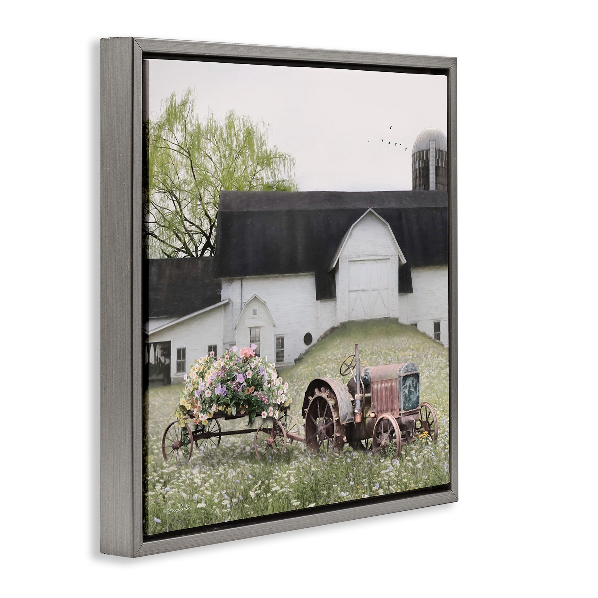 Stupell Industries Floral Tractor in Farmhouse Field Landscape Photography Gray Floater Framed Canvas Art Print Wall Art, 18 x 18