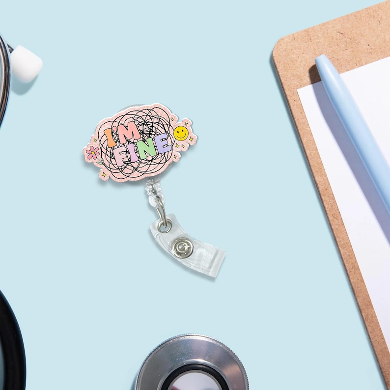 TiniDecor I’m Fine Funny Badge Reel, Retractable ID Holder, Cute Mental Health Gift for Nurse