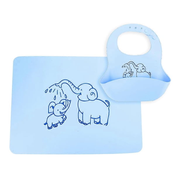 Foldable Baby Silicone Bib Waterproof Heat Insulation Infant Burp Cloth Placemat SetBlue Bib