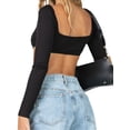 thumbnail image 6 of Dewadbow Women Rib Knit Crop Tops Long Sleeve Square Neck Stretchy Blouse, 6 of 6