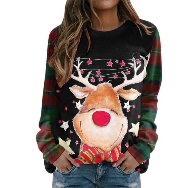 Offre Flash! Chandail en Molleton Confortable pour Femmes Joyeux Noël Imprimé Col Rond Chandail en Molleton Ajusté Pull Mode Manches Longues Chemises d'Entraînement Blouse Ample en Solde Tous Articles en Liquidation Bronze S
