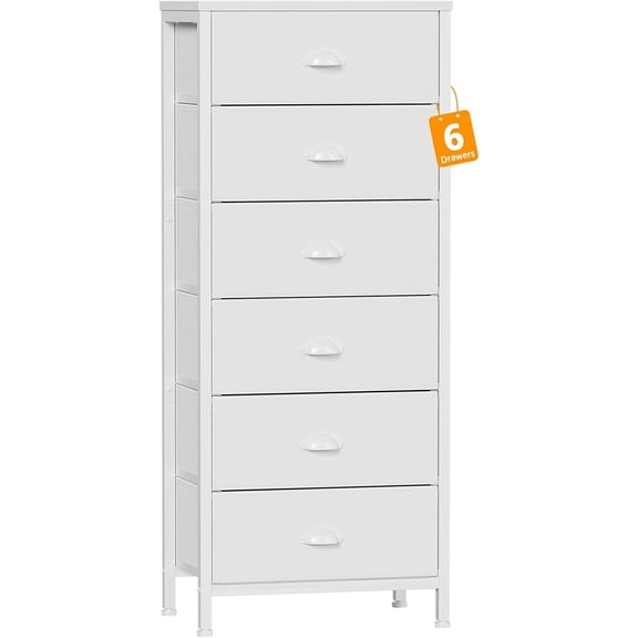 White Tall Dresser for Bedroom,Vertical Storage Tower Unit and End Table with 6 Fabric Drawers, Nightstand Furniture with Drawer Organizer in Living Room,Closet,Entryway,Hallyway